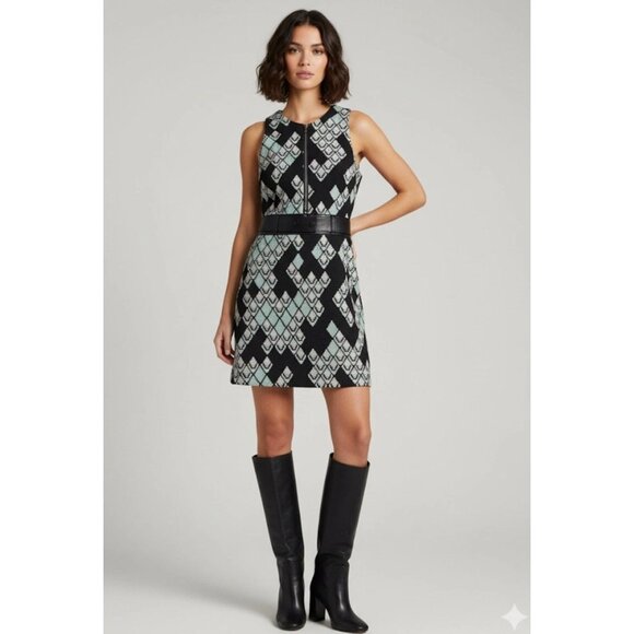 Phillip Lim 3.1 Jacquard A line Black Geo print Mini Dress size 4 Leather Trim - Picture 1 of 11